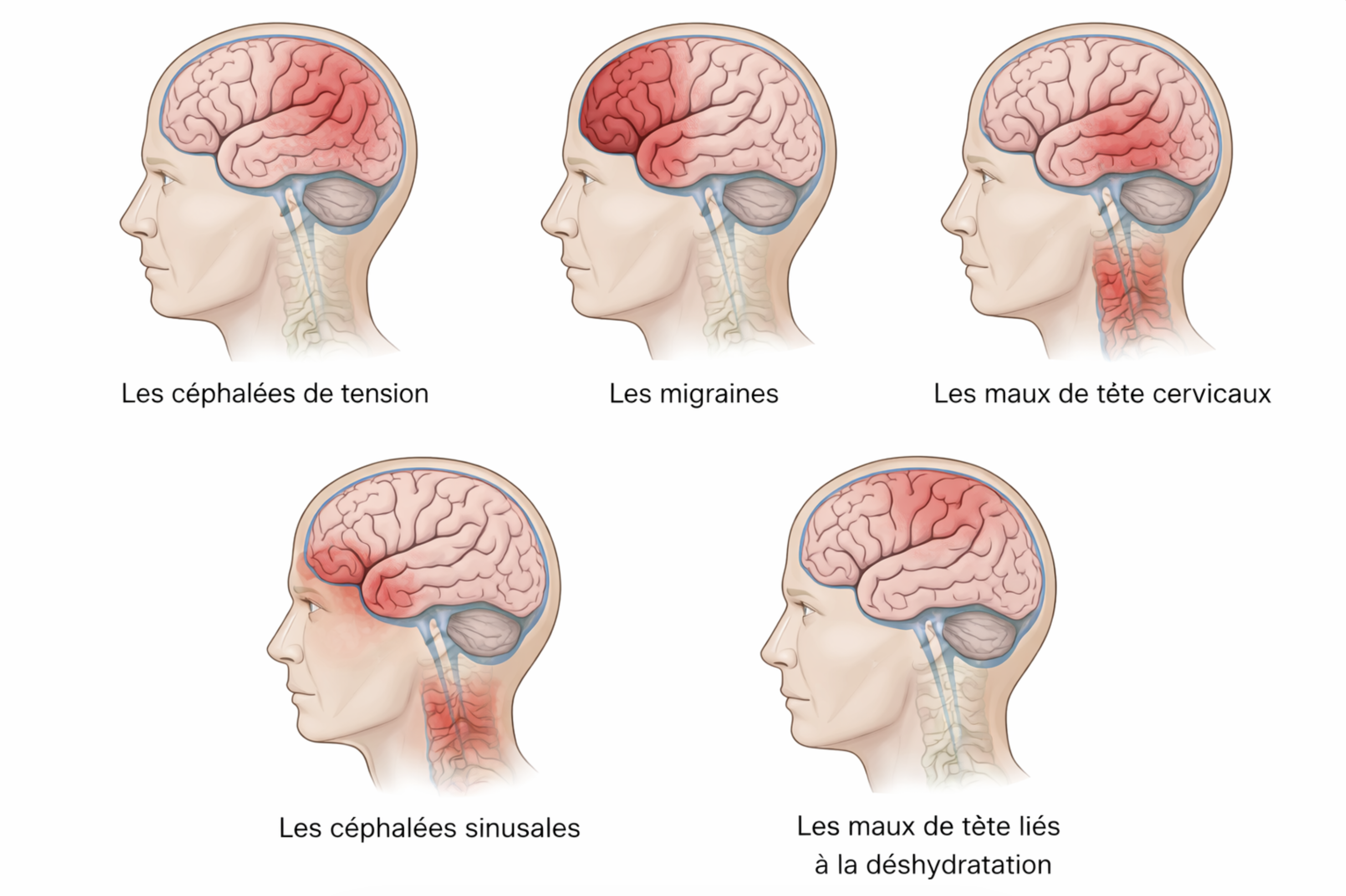 Infographie médicale illustrant les principales causes de maux de tête selon la zone de douleur dans le cerveau et la tête : céphalées de tension au niveau du front et des tempes, migraines souvent localisées sur un côté de la tête, maux de tête cervicaux liés à la nuque, céphalées sinusales autour des yeux et douleurs liées à la déshydratation au sommet du crâne.